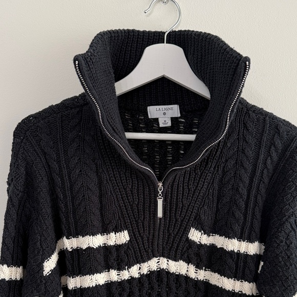 LA LIGNE Striped Black and White Knit Cable Women's Sweater - Picture 6 of 7